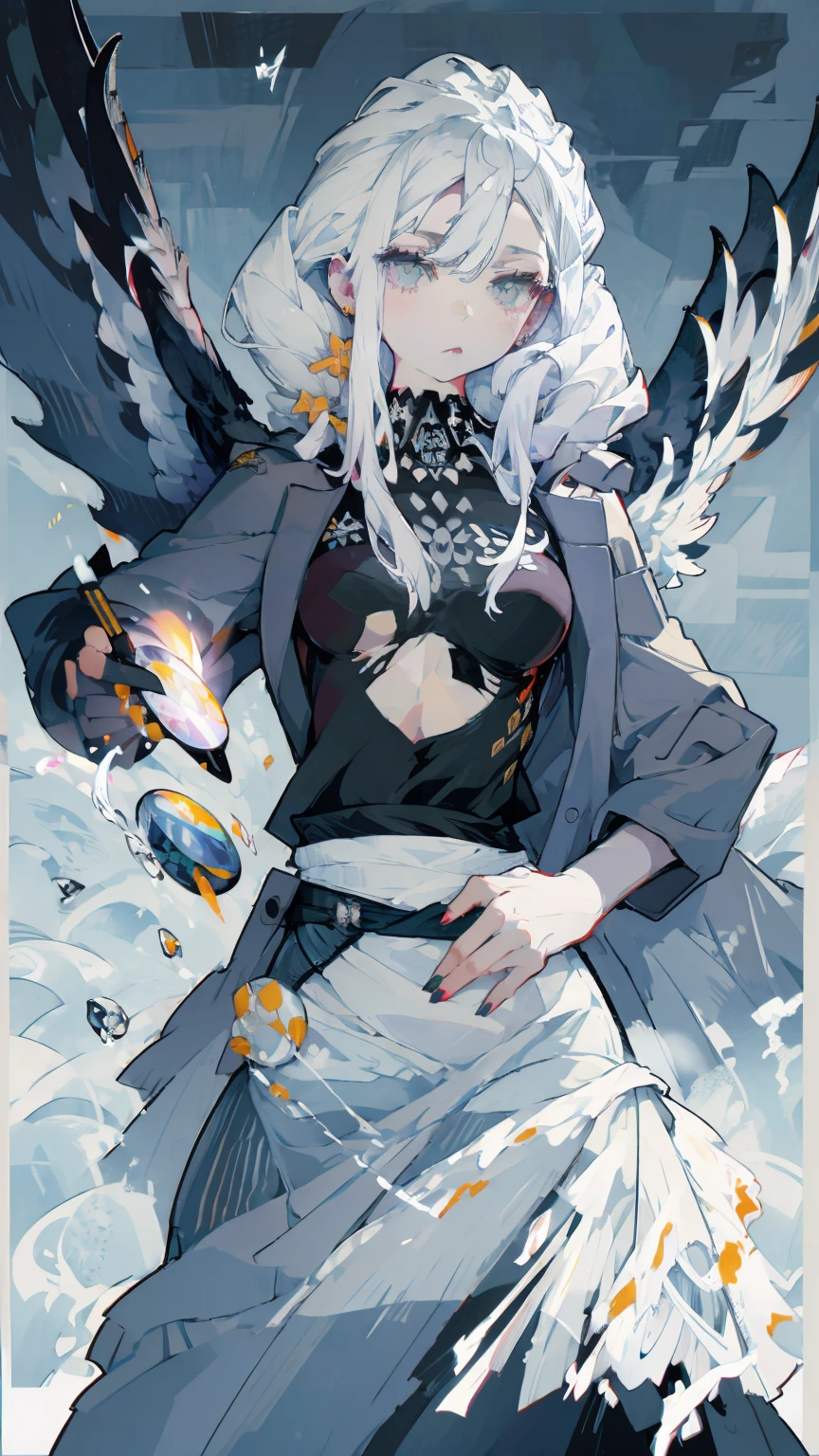 White Hair,White eyelashes,White Eyes,looking at the camera,Black long shirt,Realistic clothing drawing,Drawing range is from the waist up,An ennui look,Gazing somewhere far away,Fleeting atmosphere,Her hair is long and straight.,Smoke is shining,Wearing fog,art print,The background looks like it was painted over with black acrylic gouache.,Dark atmosphere,The crumbling angel halo、Her eyes are closing,Hollow Eyes,Angel Wings,The clothes are black