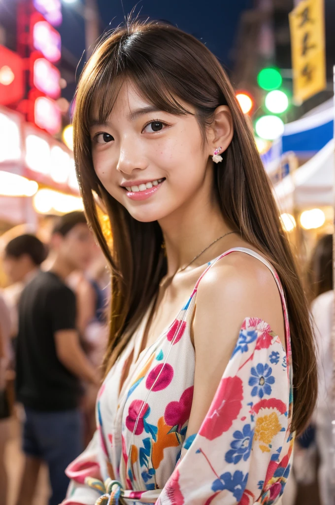 Yukata, traditional Japanese summer kimono, summer festival night stall,  high school stuody)), ((photo)), ((best qualtiy, 8K, tmasterpiece:1.3)), Focus:1.2, perfect figure beautiful girl:1.4, 1girl, cowboy shot, look at viewer, incredibly absurd, beautiful and cute girl with a photorealistic face, showcasing top-quality craftsmanship, A Japanese girl walking around looking at the food stalls at a summer festival on a night, 15 years old, straight hches about 10cm below her shoulders, light brown hair color, shiny hair, bangs cut straight above her eyes, hair tucked behind her ears, soft round face, large almond-shaped eyes, light brown eye color, long eyelashes, thin and neat eyebrows, small nose with a straight bridge, cherry-colored lips, bright smile, white teeth, smooth skin, fair skin, light pigmentation, freckles, average height, lithe figure, well-balanced proportions, small A-cup breasts, white and pink pastel-colored yukata, bracelet with charms, diamond stud earrings, beautiful girl, pure, moe, cheerful, curious, friendly, polite, responsible, likes festivals and events, August