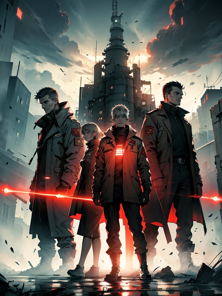 In an apocalyptic setting, scientists clad in science coats stand with their backs turned towards us, gazing at the ominous sky. The scene is characterized by a hard-core, gritty aesthetic, with a focus on technology and survival amidst devastation. The color scheme shifts to red monochrome, evoking a sense of urgency and danger.
The backdrop resembles a Soviet-era poster, reminiscent of the USSR, emphasizing themes of communism and solidarity in the face of catastrophe. The scientists' posture and expressions convey determination and resilience, as they strive to understand and possibly mitigate the cataclysmic events unfolding around them. The atmosphere is tense, underscored by the looming threat of an uncertain future, where scientific knowledge and collective effort are crucial for humanity's survival.