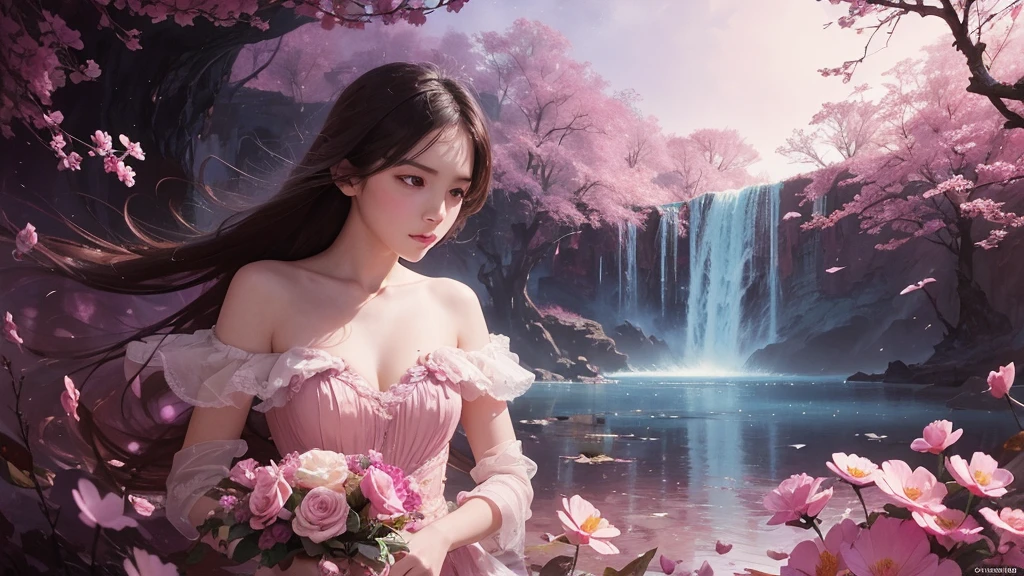 32k, Masterpiece, Highest quality, One girl, Detailed eyes, flower,Sandersonia, Pink and brown style,A dreamy, romantic piece,Pale pink, Mysterious Leaves,A playful arrangement,Fantasy,High Contrast,Ink strokes,explosion,Exposure, Impression of pink and brown tones,Abstract,((Watercolours by John Berkey and Jeremy Mann )) Brush strokes,Negative Space, Tyndall effect,