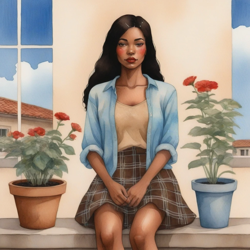 The watercolor, anime style, you asked for it, with the Brazilian woman of African ethnicity as the focal point of the scene. She sits with her back to us on a concrete porch, her arms resting on her knees and her straight brown hair falling around her shoulders. She wears a light blue blouse with thin straps and a floral skirt, her lips are a striking red and she wears black flip-flops. A brown plaid bag sits on the balcony, and the background has a beige wall with a window and potted plants by Daniela Uhlig