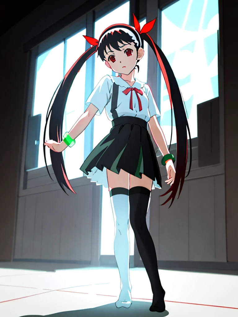 a 1girl, mayoi_hachikuji, twintails, red_eyes, white_hairband, green_ribbon, bracelet, black thighhighs, without shoes, full body, realistic eyes, 
ultra detailed anime art, 3d model, doll, perfect composition, concept art, 8k, studio photo, ethereal colors background, volumetric lighting,