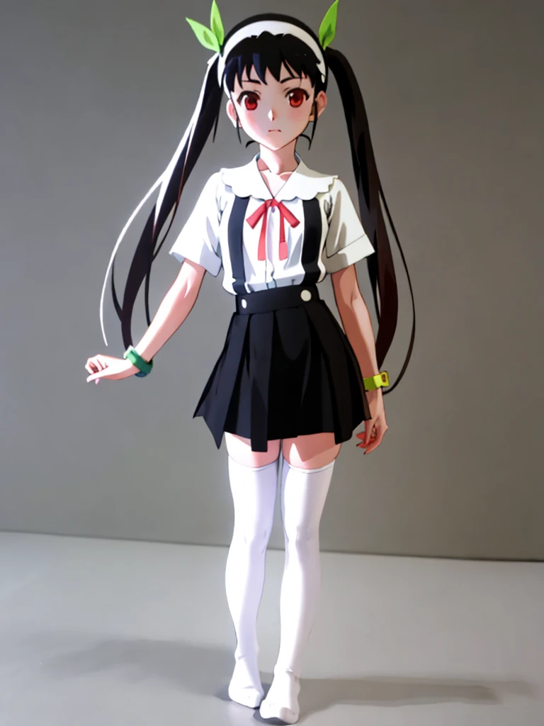 a 1girl, mayoi_hachikuji, twintails, red_eyes, white_hairband, green_ribbon, bracelet, black thighhighs, without shoes, full body, realistic eyes, 
ultra detailed anime art, 3d model, doll, perfect composition, concept art, 8k, studio photo, ethereal colors background, volumetric lighting,