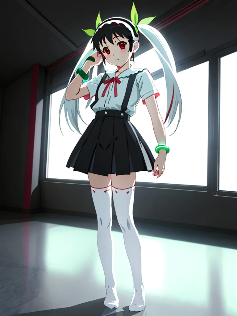 a 1girl, mayoi_hachikuji, twintails, red_eyes, white_hairband, green_ribbon, bracelet, black thighhighs, without shoes, full body, realistic eyes, 
ultra detailed anime art, 3d model, doll, perfect composition, concept art, 8k, studio photo, ethereal colors background, volumetric lighting,