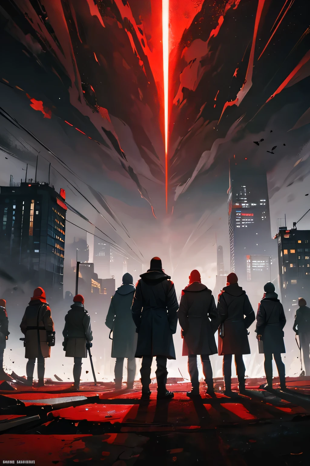 In an apocalyptic setting, scientists clad in science coats stand with their backs turned towards us, gazing at the ominous sky. The scene is characterized by a hard-core, gritty aesthetic, with a focus on technology and survival amidst devastation. The color scheme shifts to red monochrome, evoking a sense of urgency and danger.
The backdrop resembles a Soviet-era poster, reminiscent of the USSR, emphasizing themes of communism and solidarity in the face of catastrophe. The scientists' posture and expressions convey determination and resilience, as they strive to understand and possibly mitigate the cataclysmic events unfolding around them. The atmosphere is tense, underscored by the looming threat of an uncertain future, where scientific knowledge and collective effort are crucial for humanity's survival.