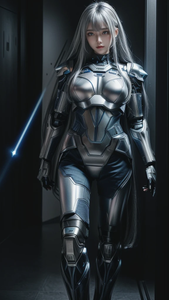 7-headed,machine wing,blue laser sword,{{Sci-Fi Armor}},cyber suit,cyberpunk,science fiction,cyber battle armor,Battledress,Military Uniforms,pants,black military uniform,whole body,Height: 168cm,almond shape eyes,{{{{{silver eyes}}}}},{{{{{dull bangs}}}}},(slanted eyes},{{whole body},{{{1 girl}}}, long hair, straight hair,{{{{silver hair}}}},{{{tsurime}}},30 years old,{Medium chest},{{bush}},silver eyes,{{{masterpiece}}}, {{{highest quality}}}, {{Super detailed}}, {shape}, {{very delicate and beautiful}},very detailed,detailed perfect,detailed hyper