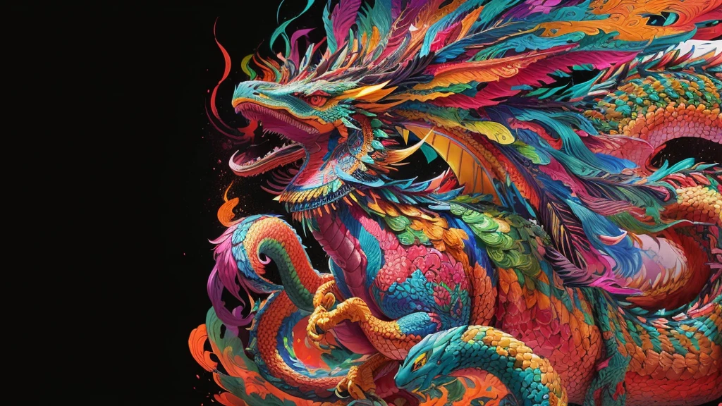 colorful dragon with a snake on its back, digital painting of Quetzalcoatl, altamente intrincado e colorido, Quetzalcoatl, obra-prima intrincada colorida, cheio de cores e detalhes ricos, intrincado colorido masterpiece, muito detalhado e colorido, altamente intrincado em technicolor, arte colorida ultra detalhada, cores brilhantes altamente detalhadas, intrincado colorido, arte colorida super detalhada