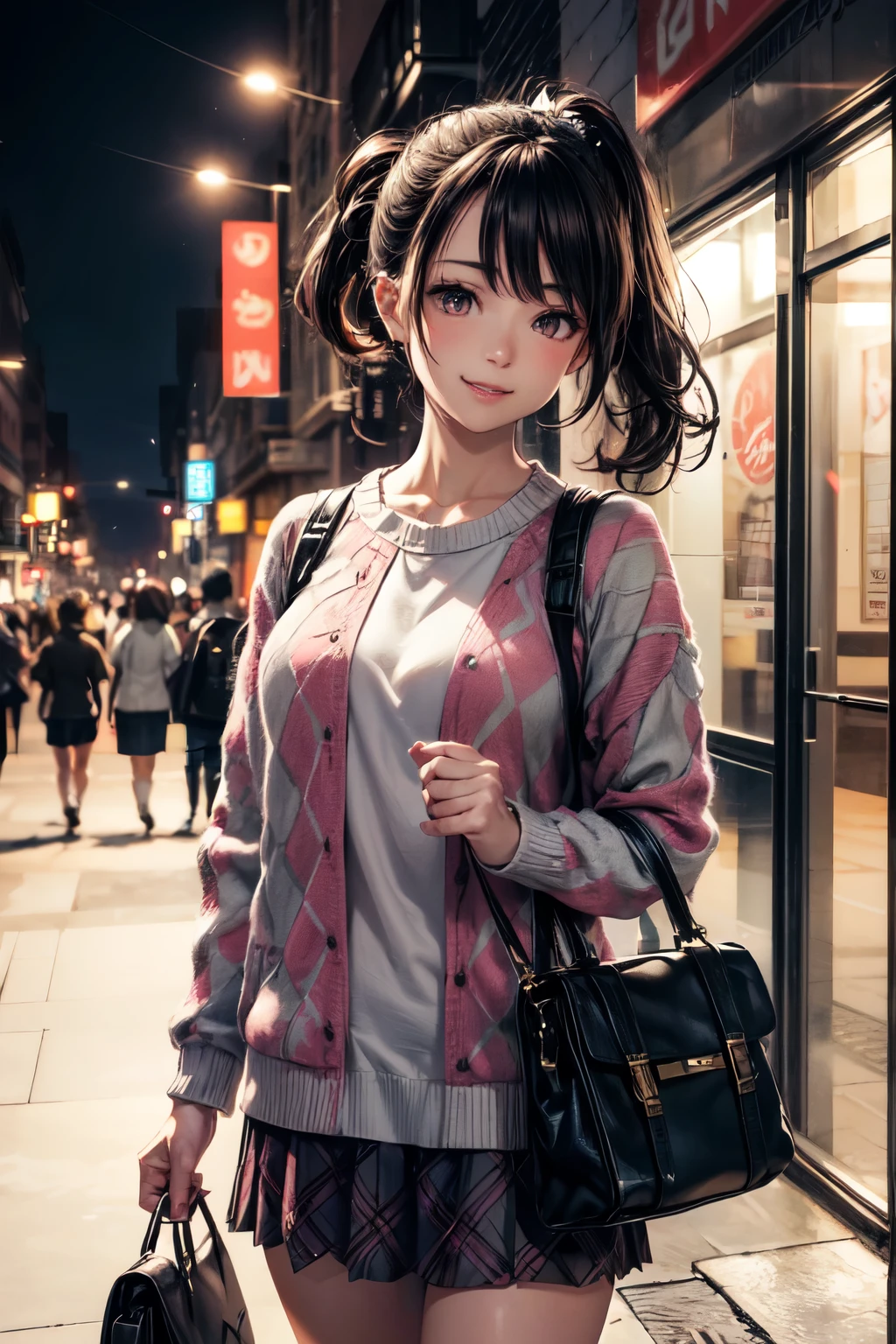 very cute and beautiful girl,(highly detailed beautiful face),
(smile:1.2),happy,embarrassed,looking at viewer,(argyle pattern sweater),cowboy shot,(white and pink plaid skirt),
standing in front of hotel entrance in modern capital city,night,holding tote bag,black hair,low ponytail,
(best quality,masterpiece),absurdres,highres,ultra-detailed,extremely detailed,32k,8k resolution,
intricate details,cinematic scene,detailed background,solo,dynamic angle,