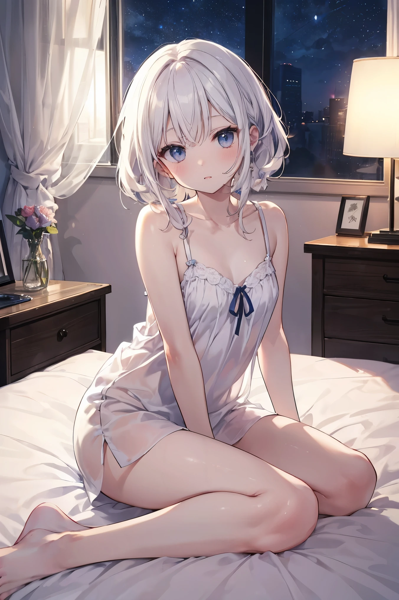 （Cute older sister:1.3）、((Very detailed))、night、Bedroom、On the bed、、Going to bed、Shining night sky、((1 person)),,White camisole