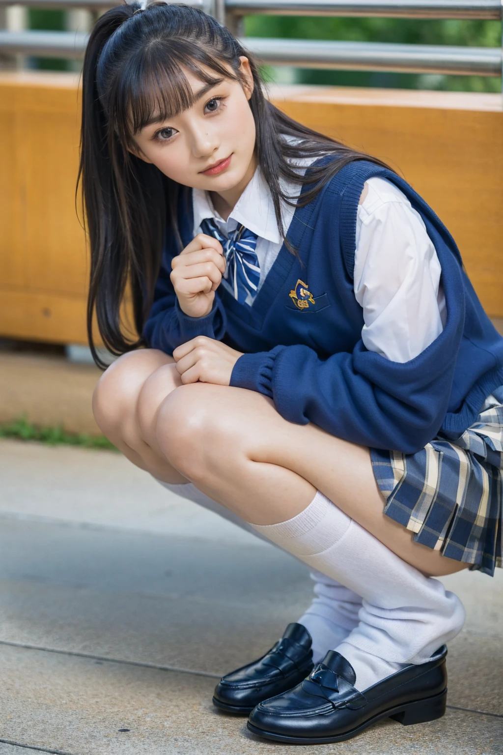 (photorealistic:1.4), best quality, masterpiece, raw 32k photo, (extremely detailed japanese beautiful girl), (extremely detailed eyes:1.2), (cute face:1.2), ultra-detailed, ultra high res, amazing, BREAK,squatting,
(school uniform:1.5), (full body:1.2), detailed school girl, (disneyland:1.3), beautiful detailed girl, bangs, cute face, miniskirt,loafers