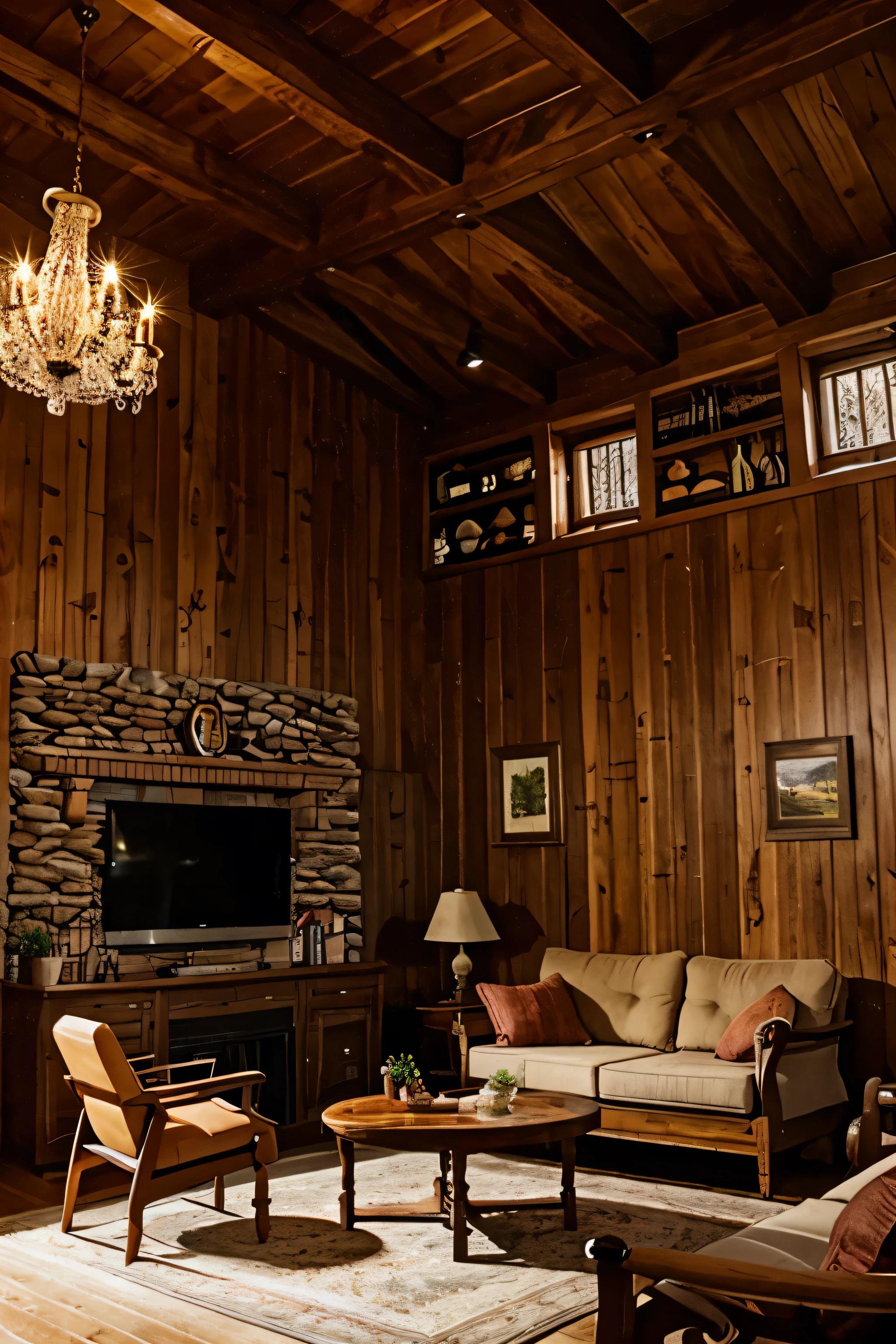 In the wooden house,There is a table,There is barbecue,There are fruits,There are books,TV,Have a gun,With fireplace,There are cats,There are dogs,There is a sofa,Bed,There are murals,There are chandeliers