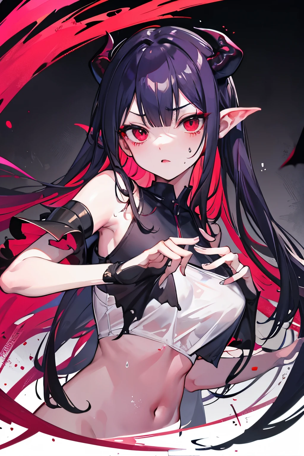 underdressing,Expression of disgust,Expression of disgust,Red Eyes,Sweat,Soaked,liquid,transparent,Cropped tops,succubus,pink,stocking