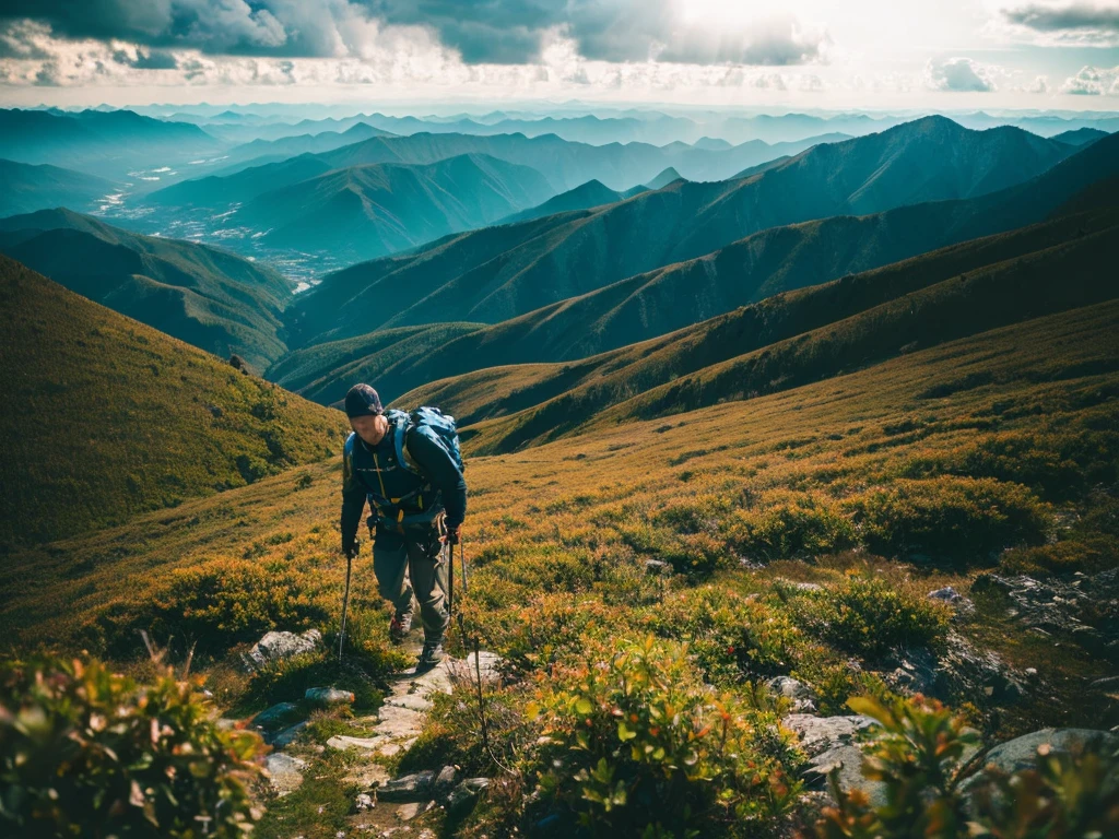 (Realistic:1.37),photograph,landscape,Mountaineering,Man climbing a mountain in Japan,Dramatic lighting,Colorful cloudy sky,A sense of adventure,Blurred Background,Strong determination,Wide-angle lens,Nice views,Endless Horizon,Quiet Solitude,Graceful Movement,The pinnacle of achievement,Natural beauty,Serene atmosphere,Sweat and patience,top conqueror,Awe-inspiring views,Expedition preparation,Unwavering focus,infinite possibilities,Immerse yourself in nature,Indomitable spirit,Awestruck observers,Unparalleled strength,The invisible height,Quiet Escape.