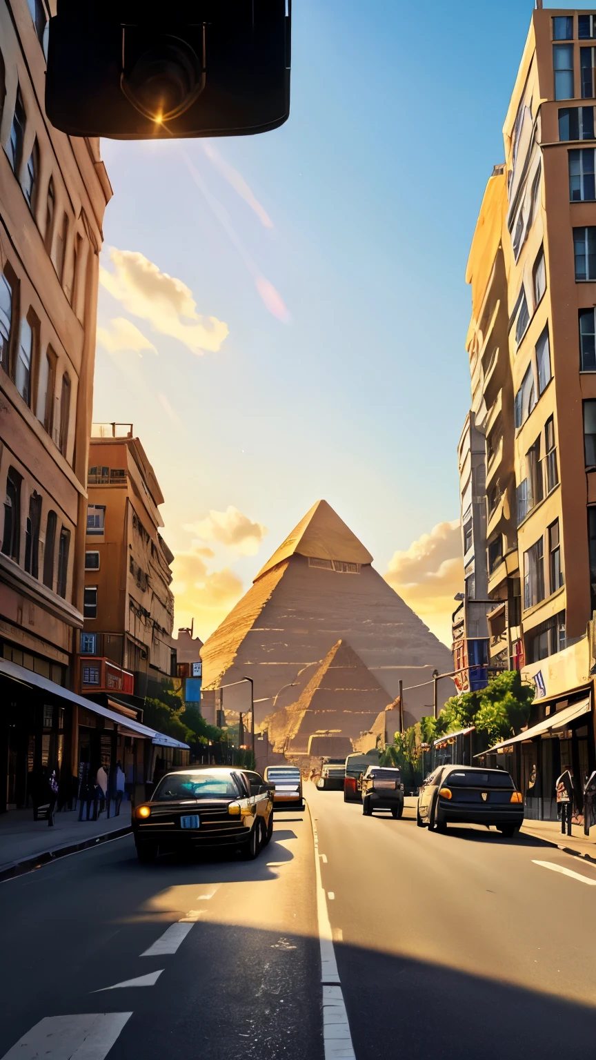 「Behind the scenes of a cityscape with modern buildings and street lights、Egyptian pyramids rise。The morning sun shines on the pyramid、Shining golden。A car is driving on the road、The city and historical ruins are displayed in contrast to each other.。」