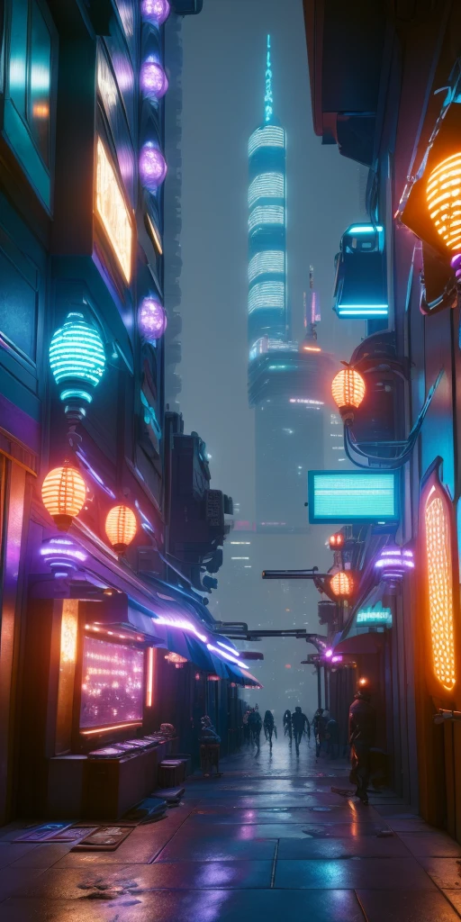 An illustration depicting a cyberpunk cityscape at night. A narrow alley filled with neon signs and exotic, futuristic lamps illuminating the surroundings. Various colors of neon lights are scattered along the street, with blue and purple lights standing out prominently. The buildings feature unique decorations with elements of Asian-style design. The sidewalk has a wet sheen, reflecting the lights. The perspective provides a sense of depth, with tall skyscrapers visible in the background. The image is rich in detail, creating a fantastical and futuristic atmosphere.