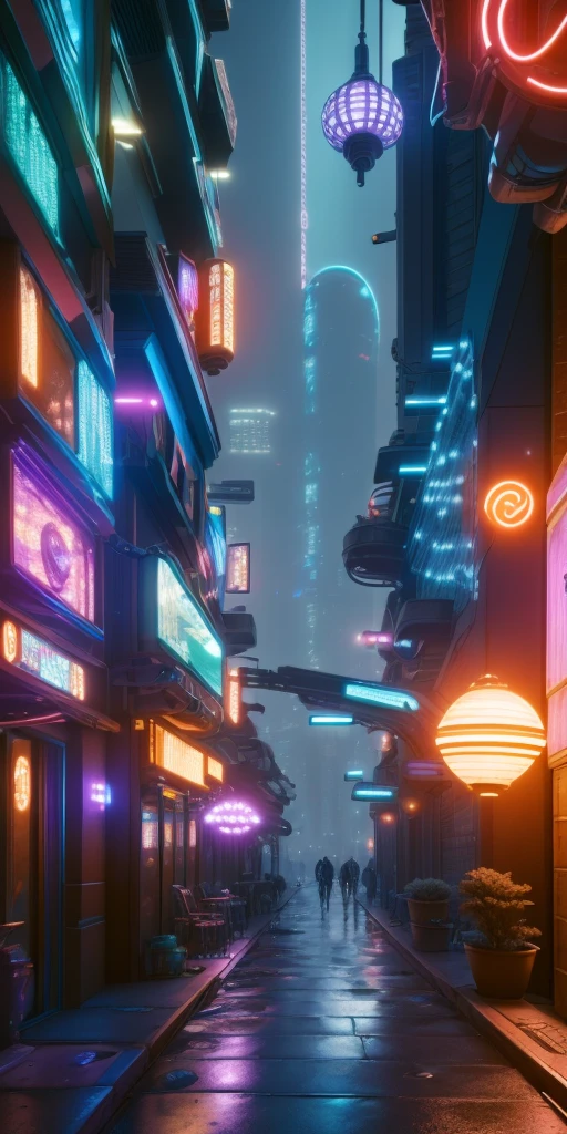 An illustration depicting a cyberpunk cityscape at night. A narrow alley filled with neon signs and exotic, futuristic lamps illuminating the surroundings. Various colors of neon lights are scattered along the street, with blue and purple lights standing out prominently. The buildings feature unique decorations with elements of Asian-style design. The sidewalk has a wet sheen, reflecting the lights. The perspective provides a sense of depth, with tall skyscrapers visible in the background. The image is rich in detail, creating a fantastical and futuristic atmosphere.