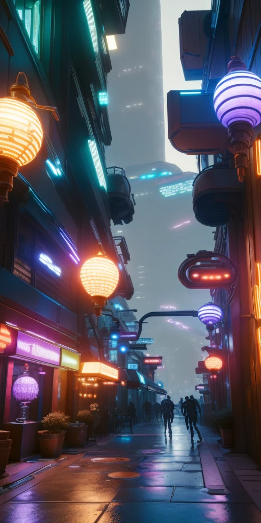 An illustration depicting a cyberpunk cityscape at night. A narrow alley filled with neon signs and exotic, futuristic lamps illuminating the surroundings. Various colors of neon lights are scattered along the street, with blue and purple lights standing out prominently. The buildings feature unique decorations with elements of Asian-style design. The sidewalk has a wet sheen, reflecting the lights. The perspective provides a sense of depth, with tall skyscrapers visible in the background. The image is rich in detail, creating a fantastical and futuristic atmosphere.