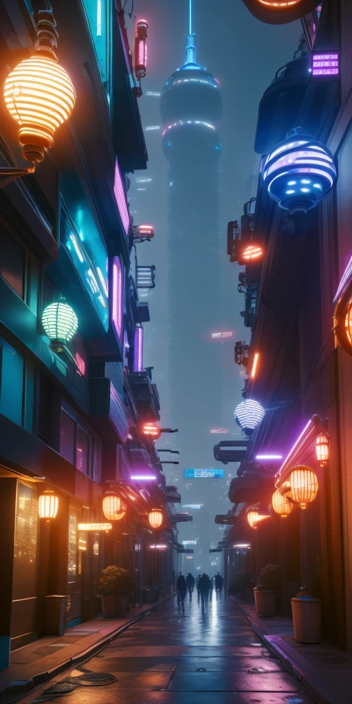 An illustration depicting a cyberpunk cityscape at night. A narrow alley filled with neon signs and exotic, futuristic lamps illuminating the surroundings. Various colors of neon lights are scattered along the street, with blue and purple lights standing out prominently. The buildings feature unique decorations with elements of Asian-style design. The sidewalk has a wet sheen, reflecting the lights. The perspective provides a sense of depth, with tall skyscrapers visible in the background. The image is rich in detail, creating a fantastical and futuristic atmosphere.