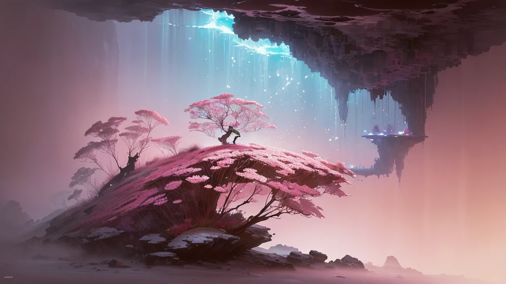 32k, Masterpiece, Highest quality, One girl, Detailed eyes, flower,Sandersonia, Pink and brown style,A dreamy, romantic piece,Pale pink, Mysterious Leaves,A playful arrangement,Fantasy,High Contrast,Ink strokes,explosion,Exposure, Impression of pink and brown tones,Abstract,((Watercolours by John Berkey and Jeremy Mann )) Brush strokes,Negative Space, Tyndall effect,
