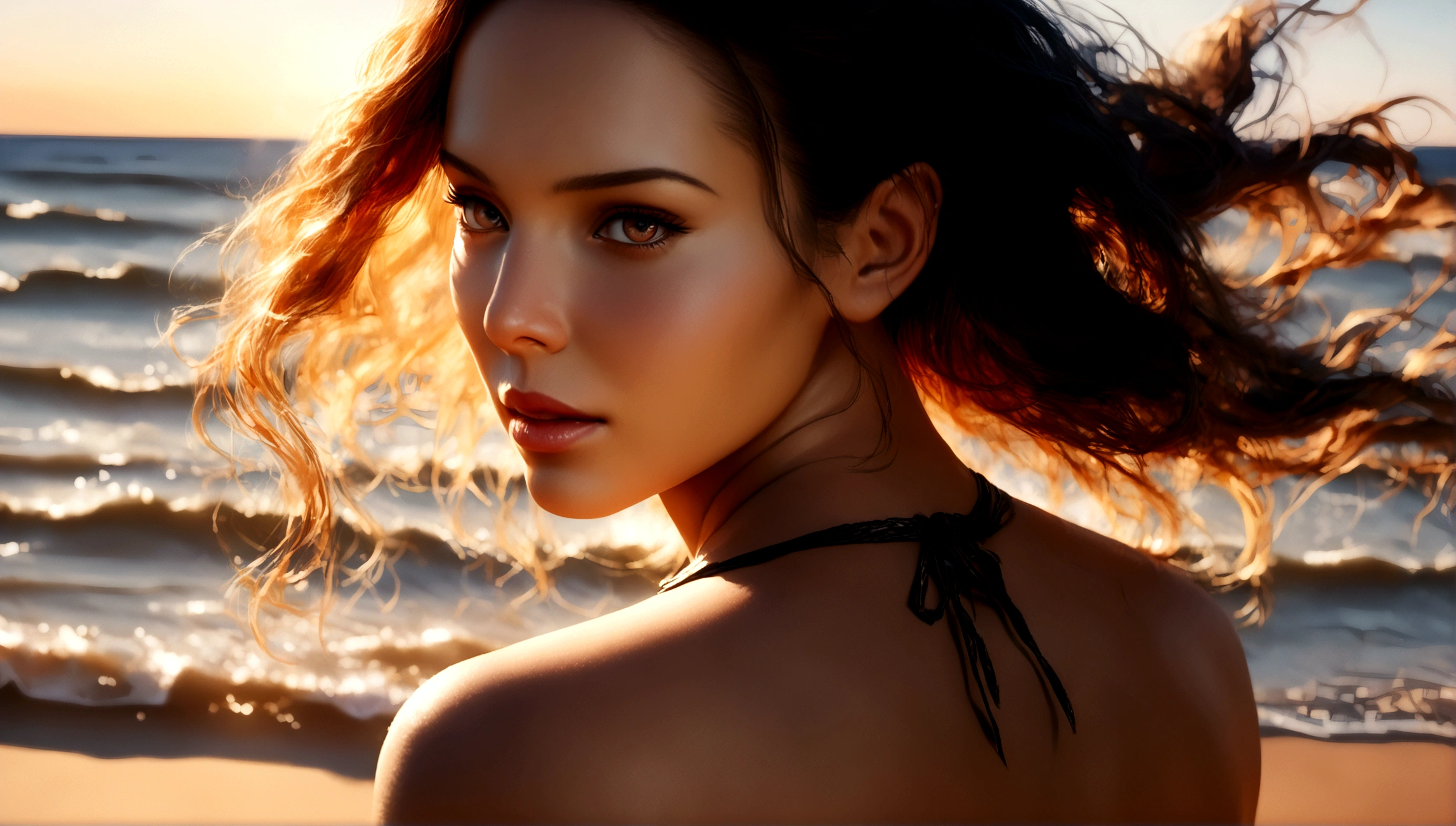 a sexy girl in a white bikini, beautiful detailed eyes, beautiful detailed lips, extremely detailed face and body, long eyelashes, mesmerizing gaze, sensual pose, back view, detailed swimsuit, flowing hair, glowing skin, smooth curves, sun-kissed beach, soft lighting, golden hour, photorealistic, (best quality, 8k, highres, masterpiece:1.2), ultra-detailed, (realistic, photorealistic:1.37), warm color tones, cinematic lighting