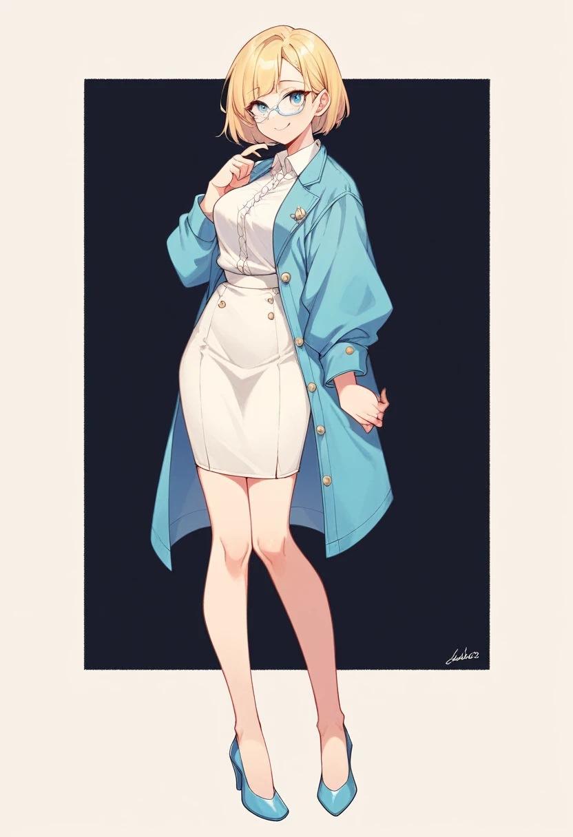 beautiful woman, beautiful face, solo, full body, standing, medium bob cut blonde hair, light blue eyes, two points glasses, medium breasts, blue opened short jacket, white blouse, white pleats Slightly longer skirt, (lewd calf of leg), blue high heels, soft smile, (pinch one's her glasses), perfect hands and perfect fingers, temptation pose, black background, no background, pastel 2d art, matte painting, anime, masterpiece