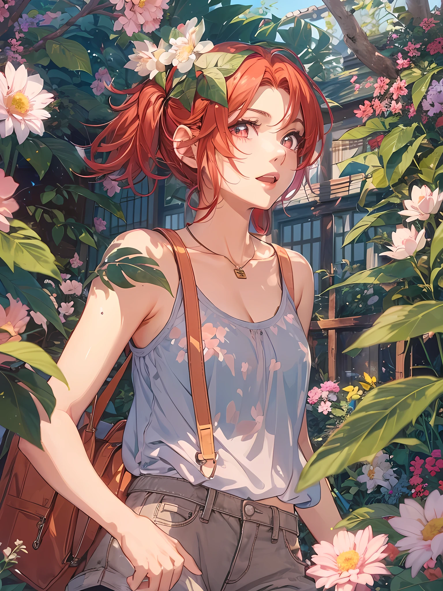 beautiful young woman, anime style, detailed face, red hair, red eyes, delicate features, soft lighting, wearing a tank top, shorts, standing outside in a summer setting, vibrant greenery, clear blue sky, flowers in bloom, relaxed expression, dynamic pose, Japanese anime style, high quality, highly detailed, 8k resolution, cinematic lighting, best quality, vibrant colors, Instagrammable, aesthetic, trendy