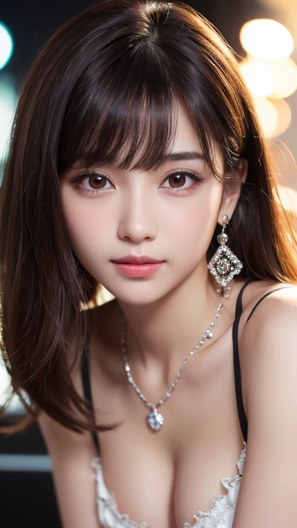 (((NSFW))),(((Hairy pubic hair)))、(8k, RAW Photos, Highest quality, masterpiece: 1.2), Very detailed, Super Resolution, (Genuine, Genuine photos: 1.37), Portraiture, High-quality RAW color photos, Professional photos, Very detailedで美新しい, Very detailed, 8k wallpaper, Amazing details, Large file size, Official Art, Very detailed CG Unity 8k wallpaper, Very detailed beautiful girls, Very detailed facesHighly detailed eyes, Very fine skin, Very detailed fingers, Very small nose, Very detailed detailed mouth, Perfect Anatomy, Detailed Background,20th generation, cute girl, Genuineistic body,  White skin, Glowing Skin,  (Blunt bangs: 1.2), smile, cute, cute face, Genuineistic face, Delicate eyes, Saggy eyes,  Earrings, necklace、Looking into the camera, Dynamic Lighting, (Gorgeous nightclub background１.2)、(Dynamic Sexy Pose 1.2)