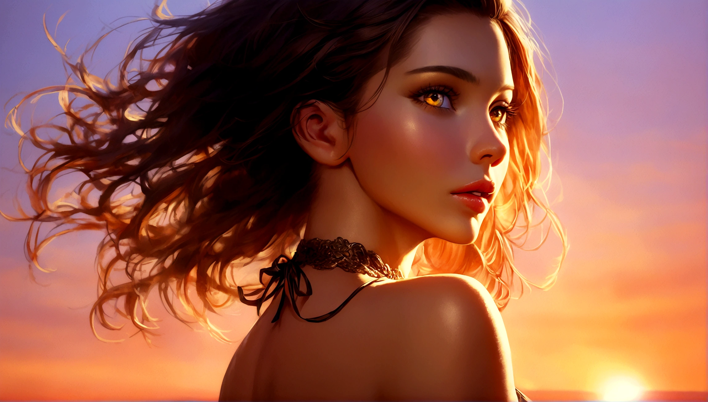 Hyper realistic nocturnal landscape, starry sky, the sea is quiet, the water's trail is visible on the shore, highly detailed realistic landscape, 8k quality, close-up shot, there is a 1.70 tall, slim Latina woman with long red hair and a refined nose. Her large eyes are filled with full lips and fine eyebrows. She is wearing a misty white dress with golden details. Her makeup is simple, with slightly shiny champagne-colored cheekbones, golden eyeshadow, and long, thick eyebrows. The atmosphere is tranquil and captivating, with the woman gazing intently into the distance. The composition is dynamic, with the woman in