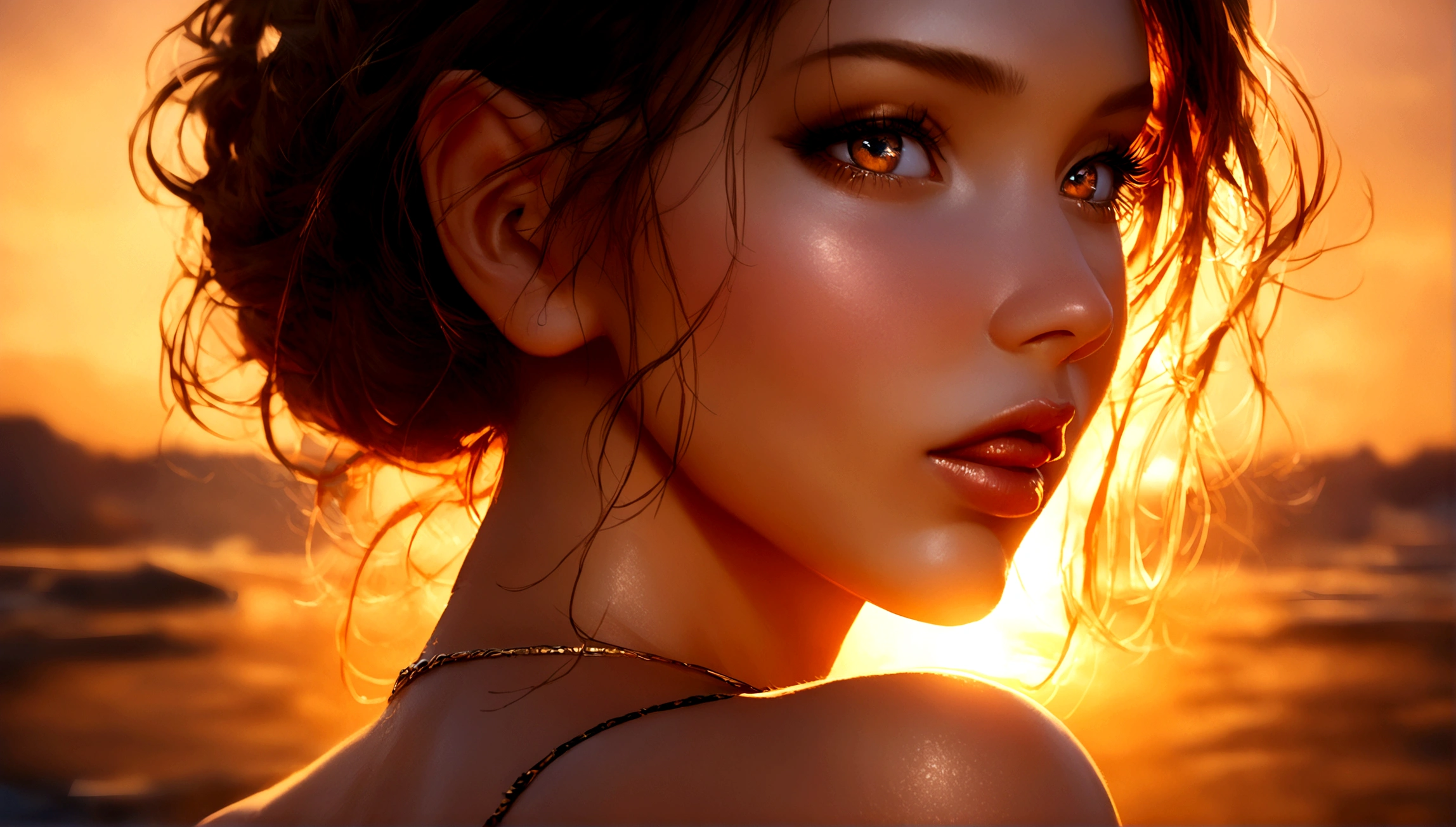 a sexy girl in a bikini, beautiful detailed eyes, beautiful detailed lips, extremely detailed face and body, long eyelashes, perfect skin, looking back, golden hour lighting, sunset colors, 8k, photo-realistic, cinematic, dramatic lighting, romantic, elegant