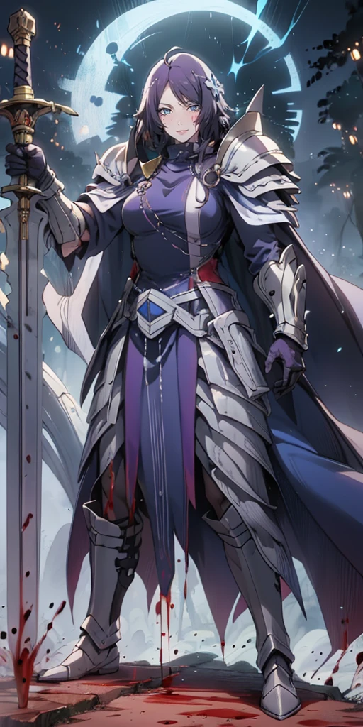 MC, ahoge, (long hari, purple hair:1.3), hair ornament, dark-blue eyes, anatomically correct, heavy breathing, mature female,solo, 1girl, holding, standing, weapon, female focus, sword, cape, holding weapon, armor, holding sword, shoulder armor, gauntlets, facing viewer, pauldrons, breastplate, planted, full armor, bokeh, backlighting, blood, bloody stream, water drop, reflective, (fog:1.3), fireflies, hollow eyes, bright pupils, dark-blue eyes, looking at viewer. glowing eyes heavy breathing, seductive smile, (steaming face:1.3), blush face, lips,