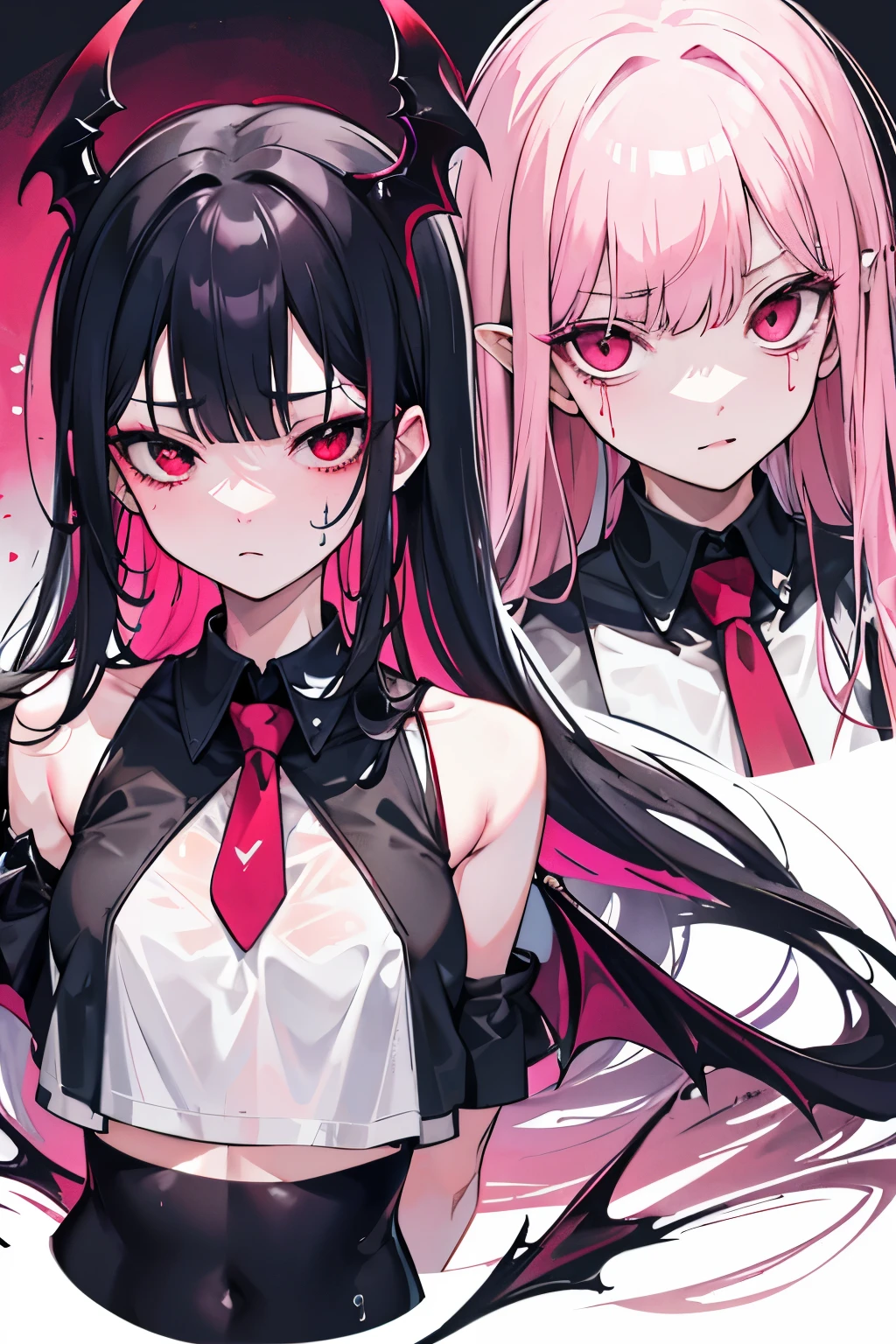 underdressing,Expression of disgust,Expression of disgust,Red Eyes,Sweat,Soaked,liquid,transparent,Cropped tops,succubus,pink,stocking