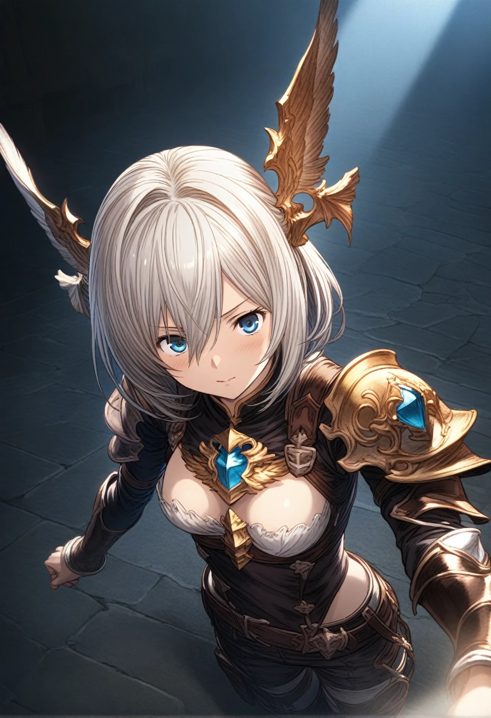 best quality, amazing quality, very aesthetic, absurdres, NSFW, 1girl, cerberus \(shingeki no bahamut\), granblue fantasy, (cowboy shot), (game cg:1.3), from above, expressive eyes, perfect face, 4k, extremely detailed anime illustration, extremely detailed eyes, enhanced details, perfect anatomy, light rays, photo background, extremely delicate body, smooth skin, feminine expression, black background, cristal clear eyes, beautiful face,