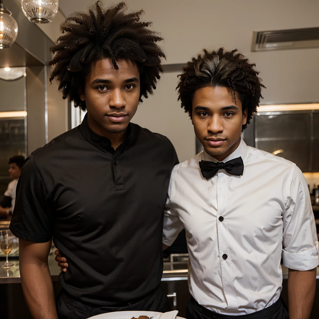 Black man with afro hair with brown eyes wearing a waiter's outfit on a background of a white wall with the photo medium short shot