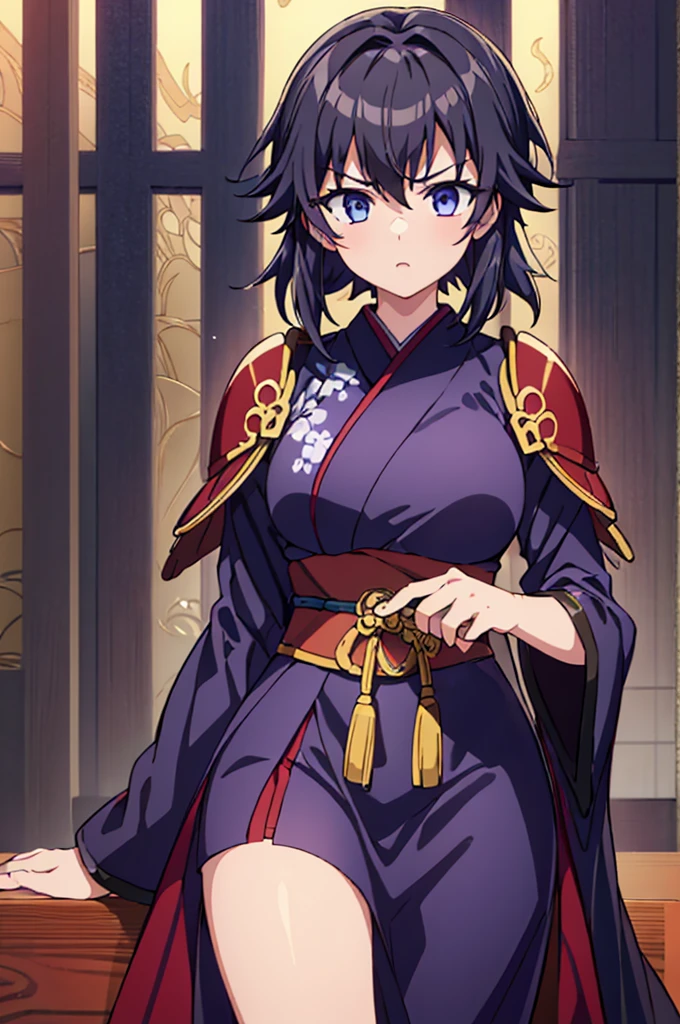 Highest quality, masterpiece, High resolution, alone, （Fire Emblem: Ardan），（Fire Emblem: Genealogy of the Holy War），（short_Hairstyle），Japanese sword，kimono，Great armor、Shogun，（armor）， ((Roaring‗Facial Expressions)) ，（Purple ‗ Battle Coat），（gray_coat），Young Girl，Anime Style, Highest quality, 4k, masterpiece,， alone, 1,whole body，looking at the camera, Shinkai Makoto style, （black_Hair Color）Sharp Eyes，（Full Finger）, （Accurate fingertips）, （The finer details）, （Anatomically correct）, (Movie Background), Hyper Detail, (Subtle details), (Intricate details),