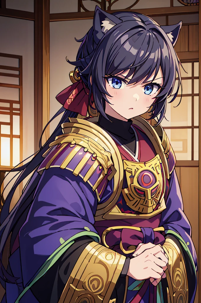 Highest quality, masterpiece, High resolution, alone, （Fire Emblem: Ardan），（Fire Emblem: Genealogy of the Holy War），（short_Hairstyle），Japanese sword，kimono，Great armor、Shogun，（armor）， ((Roaring‗Facial Expressions)) ，（Purple ‗ Battle Coat），（gray_coat），Young Girl，Anime Style, Highest quality, 4k, masterpiece,， alone, 1,whole body，looking at the camera, Shinkai Makoto style, （black_Hair Color）Sharp Eyes，（Full Finger）, （Accurate fingertips）, （The finer details）, （Anatomically correct）, (Movie Background), Hyper Detail, (Subtle details), (Intricate details),