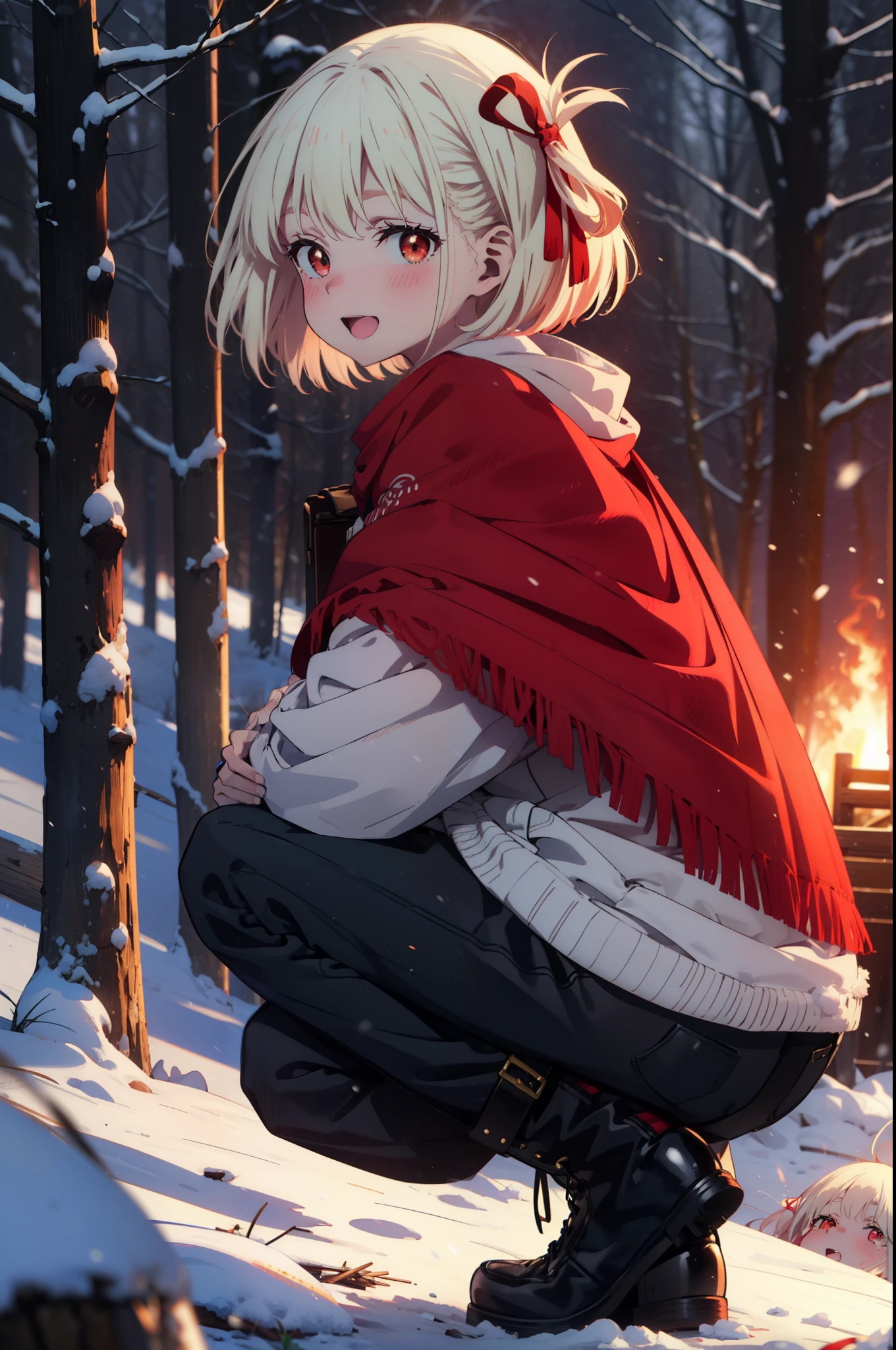 chisatonishikigi, Chisato Nishikigi, short hair, bangs, blonde, (Red eyes:1.5), Hair Ribbon, One side up, Bobcut,smile,blush,happy smile, smile, Open your mouth,
White Breath, Open your mouth,snow, Ground bonfire, Outdoor, boots, snowing, From the side, wood, suitcase, Cape, Blurred, Increase your meals, forest, White handbag, nature, Squat, Mouth closed, フードed Cape, winter, Written boundary depth, Black shoes, red Cape break looking at viewer, Upper Body, whole body, break Outdoor, forest, nature, break (masterpiece:1.2), Highest quality, High resolution, unity 8k wallpaper, (shape:0.8), (Beautiful and beautiful eyes:1.6), Highly detailed face, Perfect lighting, Highly detailed CG, (Perfect hands, Perfect Anatomy),