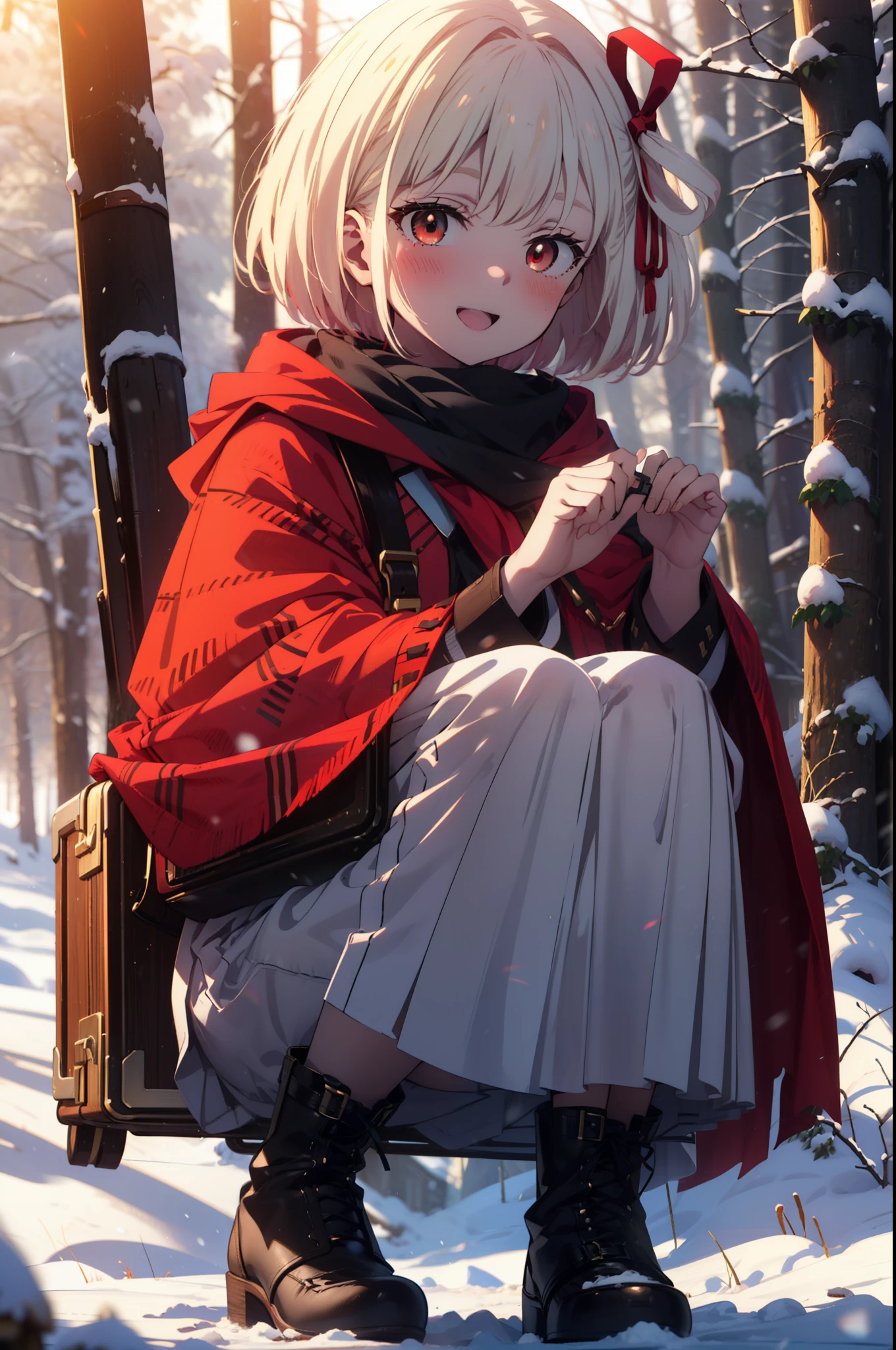 chisatonishikigi, Chisato Nishikigi, short hair, bangs, blonde, (Red eyes:1.5), Hair Ribbon, One side up, Bobcut,smile,blush,happy smile, smile, Open your mouth,
White Breath, Open your mouth,snow, Ground bonfire, Outdoor, boots, snowing, From the side, wood, suitcase, Cape, Blurred, Increase your meals, forest, White handbag, nature, Squat, Mouth closed, フードed Cape, winter, Written boundary depth, Black shoes, red Cape break looking at viewer, Upper Body, whole body, break Outdoor, forest, nature, break (masterpiece:1.2), Highest quality, High resolution, unity 8k wallpaper, (shape:0.8), (Beautiful and beautiful eyes:1.6), Highly detailed face, Perfect lighting, Highly detailed CG, (Perfect hands, Perfect Anatomy),