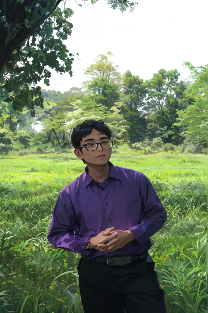  man with glasses in a purple shirt standing in a field of tall grass, in front of a forest background, nivanh chanthara, ramil sunga, mohamed chahin, in a large grassy green field, assamese aesthetic, in a open green field, in a field, nuttavut baiphowongse, portait image