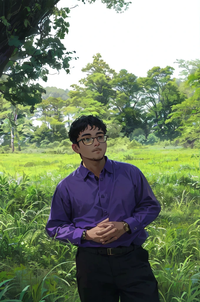  man with glasses in a purple shirt standing in a field of tall grass, in front of a forest background, nivanh chanthara, ramil sunga, mohamed chahin, in a large grassy green field, assamese aesthetic, in a open green field, in a field, nuttavut baiphowongse, portait image