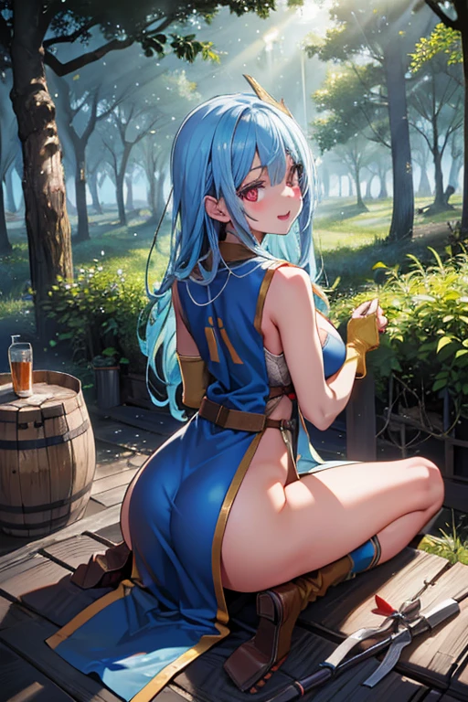 ((Highest quality)), ((masterpiece)),(detailed),High resolution,Sharp focus,Perfect Face,{best illustration},(complete anatomy),Sitting, Spread your legs wide (Anatomically correct),
Light blue Mithra, Light blue tabard, Cross Print, yellow elbow gloves,Yellow Boots,Cleavage,pubic hair,
shiny 肌,very shiny 肌,Shiny body,plastic glitter 肌,exaggerated shiny 肌,illuminated skin,curvy,Shy laugh,
smile, Open your mouth,
(非常にdetailed CG unity 8k wallpaper),(((Vibrant colors))),Official Art,DQ3,Monk,One girl,Long Hair, Light blue hair, Red eyes,
(Outdoor),Pioneer village in the forest,Dome-shaped building,reclaimed land,Stacked wooden boxes,Wooden box protected by linen,Sake barrel,Forest Trees々Hidden Village,Sunlight filtering through the trees,Secret Realm, Over-the-shoulder, Angle from behind,