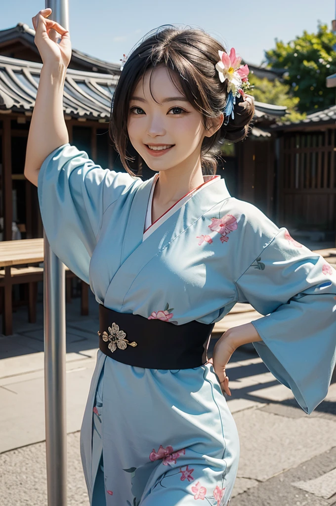A beautiful smiling woman in a kimono greets people with a cheerful "Good morning" as she dances with her arms open under the blue sky
