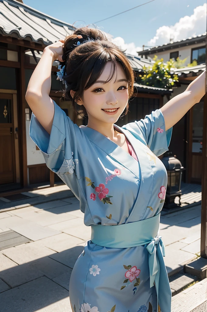 A beautiful smiling woman in a kimono greets people with a cheerful "Good morning" as she dances with her arms open under the blue sky