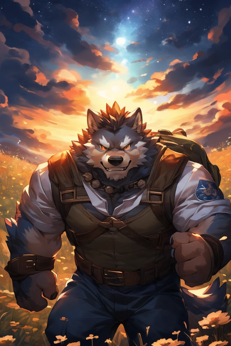 human nature, cannon, male, Solitary， ((Heterochromatic Blue、Orange Eyes)), ((Endomorph, Handsome，charming)), (Black Jacket，White shirt，Age-appropriate backpack，Bells on hands), ((Domestic Wolf Orc, Adult wolf orc), (in a meadow), Bokeh, (high quality, high resolution, Masterpiece 1.2), (Static Lighting,Natural Lighting， Vibrant colors), (Angry Smile，Fierce face，Fierce eyes，Combat-ready posture), (Face focus), Front view (close up), cartoon, author：Spikes,, author：Mysterious Fox 61,author：Takemoto Arashi, by zixiong, By Chunni, author：Empty Ghost，（background：The starry plain at night1.5），background丰富详细