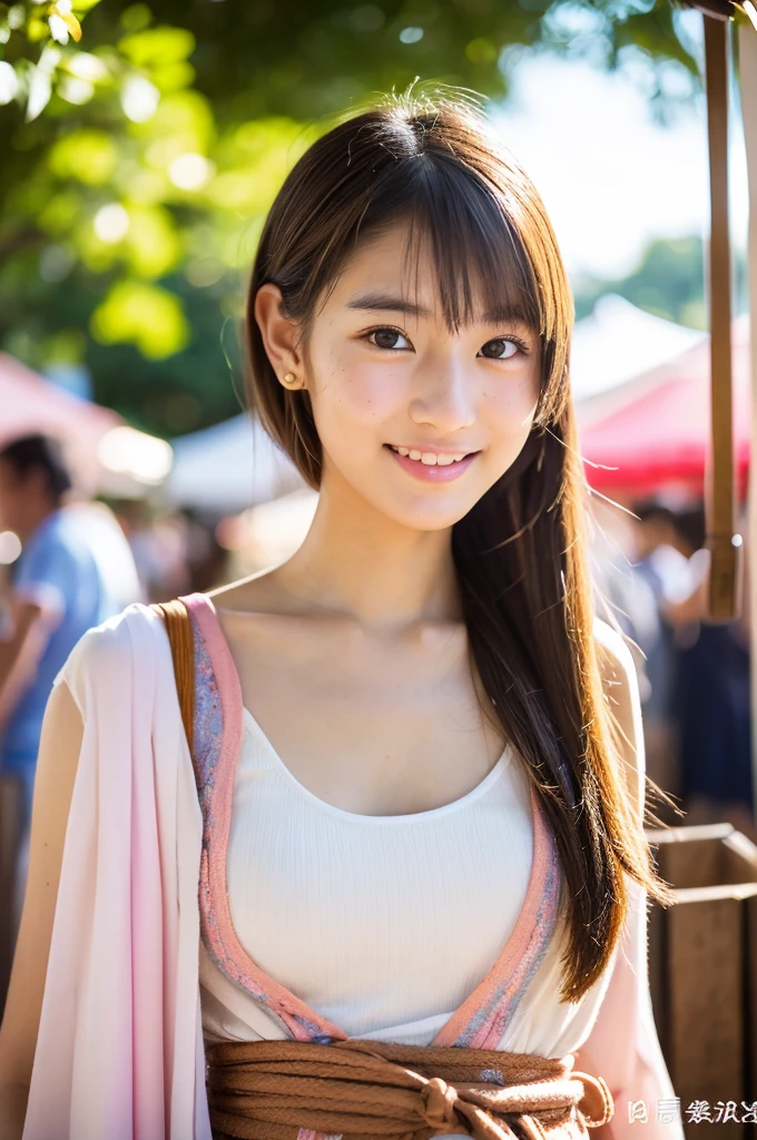 Yukata, summer festival night market, first year high school student, ((full body)), ((photo)), ((best qualtiy, 8K, tmasterpiece:1.3)), Focus:1.2, perfect figure beautiful girl:1.4, 1girl, cowboy shot, look at viewer, incredibly absurd, beautiful and cute girl with a photorealistic face, showcasing top-quality craftsmanship, A Japanese girl walking around looking at the food stalls at a summer festival on a night, 15 years old, straight hair that reaches about 10cm below her shoulders, light brown hair color, shiny hair, bangs cut straight above her eyes, hair tucked behind her ears, soft round face, large almond-shaped eyes, light brown eye color, long eyelashes, thin and neat eyebrows, small nose with a straight bridge, cherry-colored lips, bright smile, white teeth, smooth skin, fair skin, light pigmentation, freckles, average height, lithe figure, well-balanced proportions, small A-cup breasts, white and pink pastel-colored yukata, bracelet with charms, diamond stud earrings, beautiful girl, pure, moe, cheerful, curious, friendly, polite, responsible, likes festivals and events, August