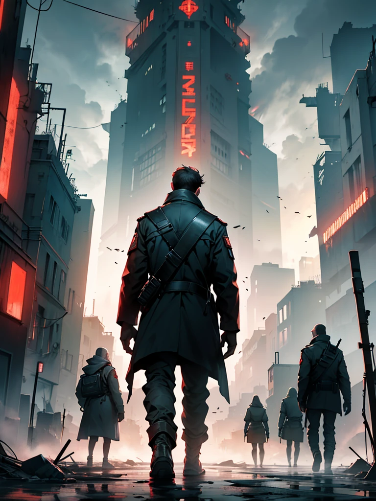 In a dystopian apocalyptic scene, scientists in science coats stand with their backs turned towards us, united in their contemplation of the bleak, chaotic sky. The setting exudes a gritty, hard-core vibe, emphasizing technology and survival in a world on the brink of collapse. The color palette shifts to a stark red monochrome, intensifying the sense of urgency and imminent danger.

Inspired by Soviet-era posters, the backdrop hints at themes of the USSR and communism, symbolizing collective resolve in the face of global upheaval. The scientists' unified stance reflects their unwavering dedication, silently observing the ominous horizon with a mix of concern and determination. Each figure embodies a profound commitment to understanding and navigating the unfolding catastrophe, their body language conveying both resilience and the weight of responsibility in an uncertain future.