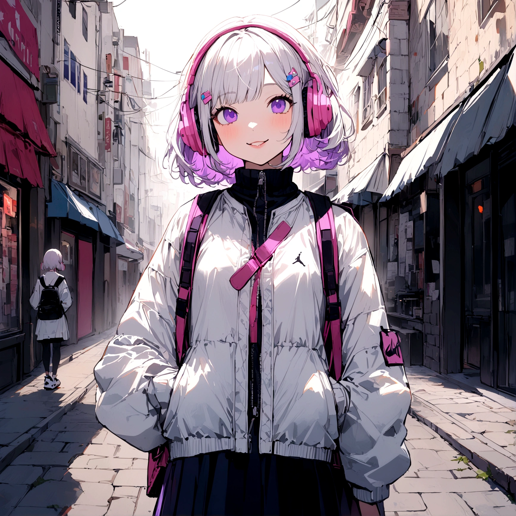 1girl, pink headphone over head, white hair,purple inner, purple eyes, bangs, short hair, front hair clips, left hairclips, white jacket, backpack, medium skirt, white Air jordan, street, sidewalk, smile, departed lips, beautiful, aesthetic, detailed, beautiful color amazing quality, best quality, high quality