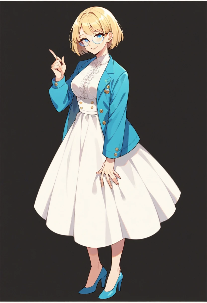 beautiful woman, beautiful face, solo, full body, standing, medium bob cut blonde hair, light blue eyes, two points glasses, medium breasts, blue opened short jacket, white blouse, white pleats Slightly longer skirt, (lewd calf of leg), blue high heels, soft smile, (pinch one's her glasses), perfect hands and perfect fingers, temptation pose, black background, no background, pastel 2d art, matte painting, anime, masterpiece