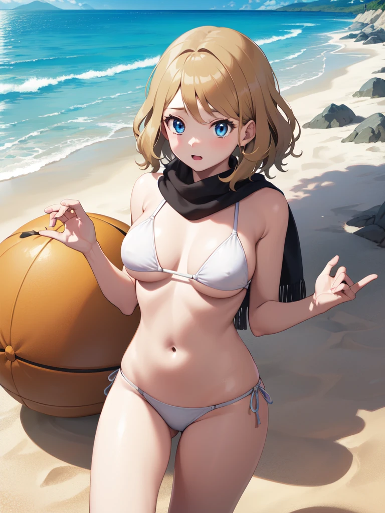masterpiece, best quality, 1 solo girl, dark blonde hair, blue eyes, short hair, medium breasts, mature body and face, wavy hair, white bikini, scarf, beach, white sand, beach ball, summer, leg up, cowboy shots, detailed body, face, and eyes, sharp focus, vibrant, creative, dynamic, high definition, high resolution, 8k, (Upscale: R-ESRGAN 4x+ Anime6mage enchance:4x), voluptuous body