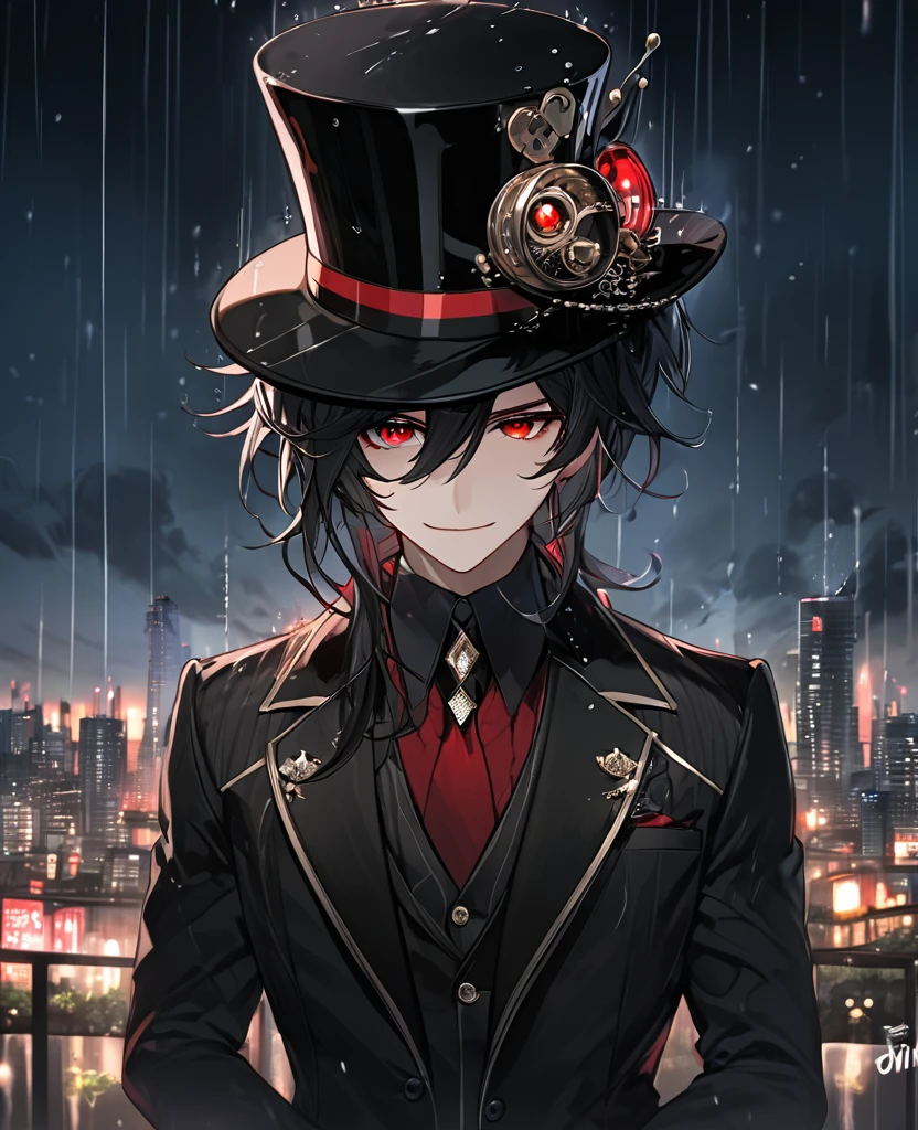  (black_hair), (red_crimson_eyes), (detailed_eyes), (Emotionless), (top_hat), (crazy_attractive), (night_city_background), (raining), (glowing_eyes), (male), (wearing _a_black_suit), (long_male_hair), (detailed_Hair), (detailed_tophat), (detailed_mouth), (hands_placed_on_hat), (detailed_hands)