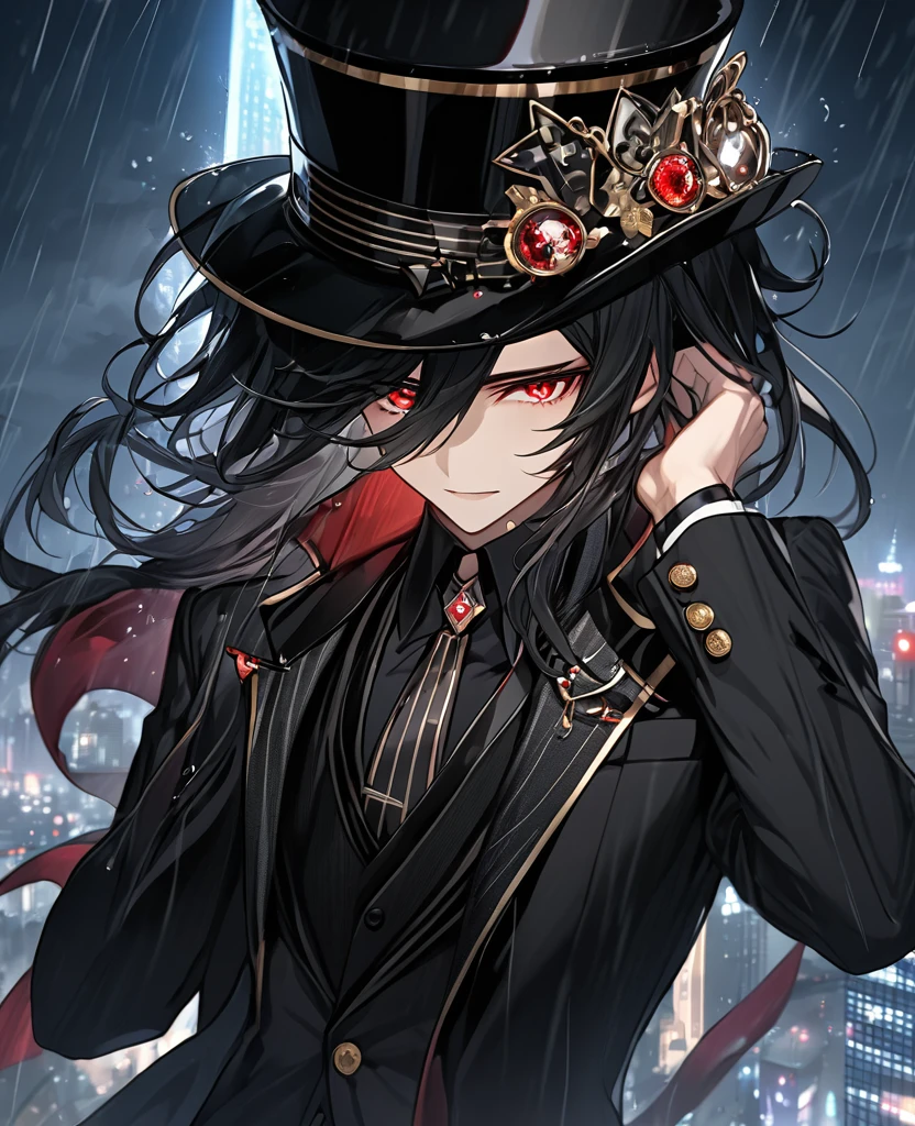 (black_hair), (red_crimson_eyes), (detailed_eyes), (Emotionless), (top_hat), (crazy_attractive), (night_city_background), (raining), (glowing_eyes), (male), (wearing _a_black_suit), (long_male_hair), (detailed_Hair), (detailed_tophat), (detailed_mouth), (hands_placed_on_hat), (detailed_hands)